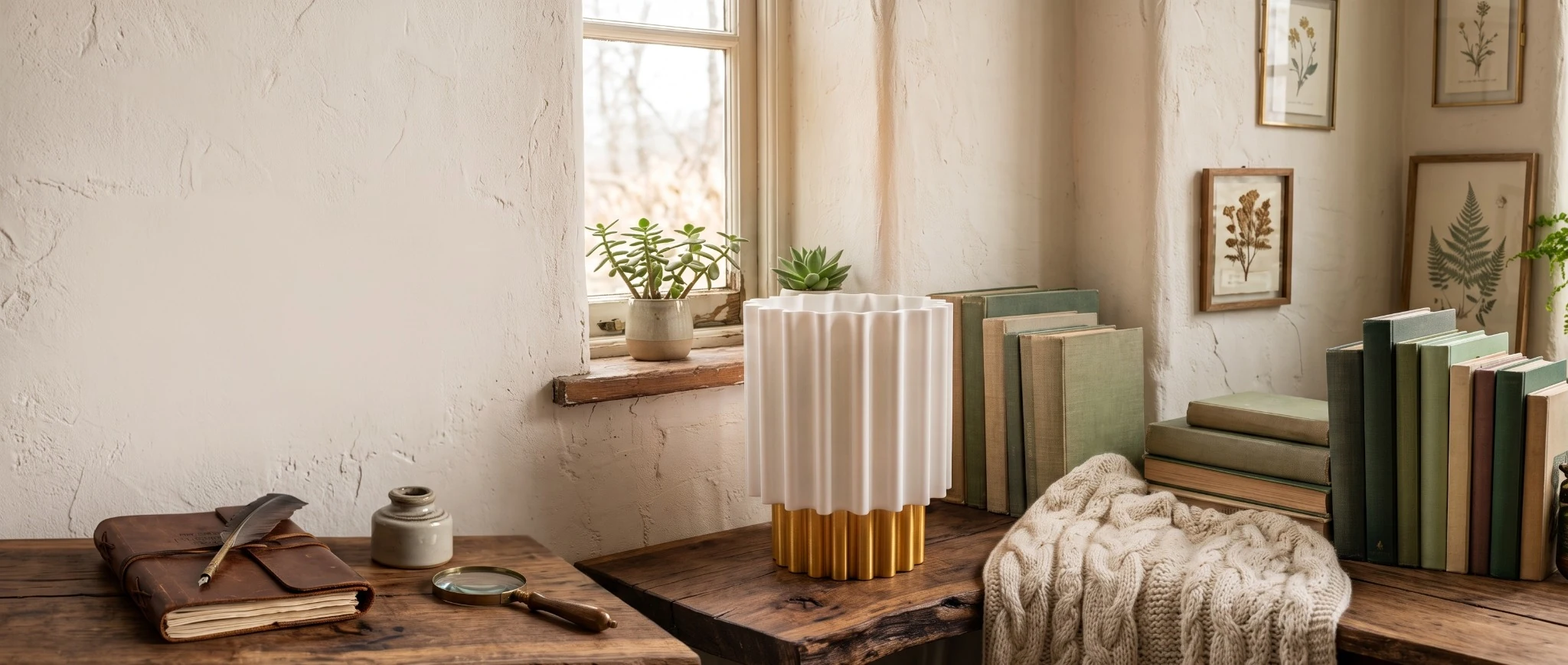LAVEN white-and-gold sculptural lamp beside books in a sunlit reading room