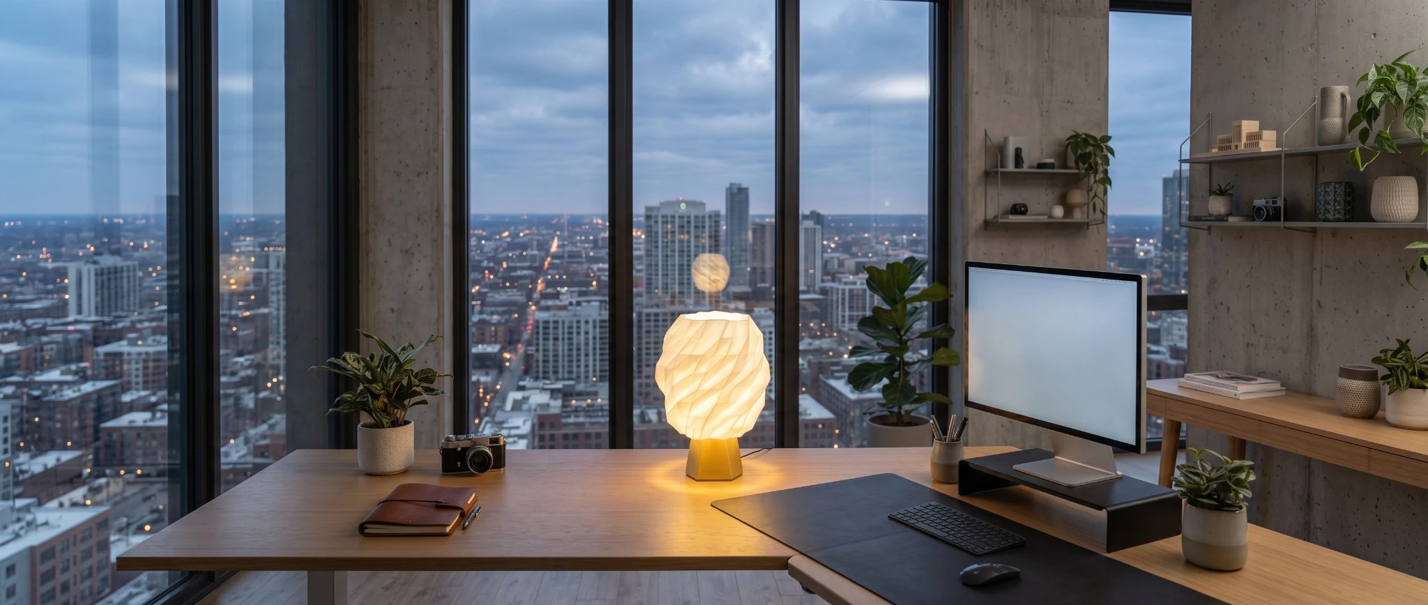 LAVEN sculptural lamp glowing on a home-office desk overlooking the city at dusk