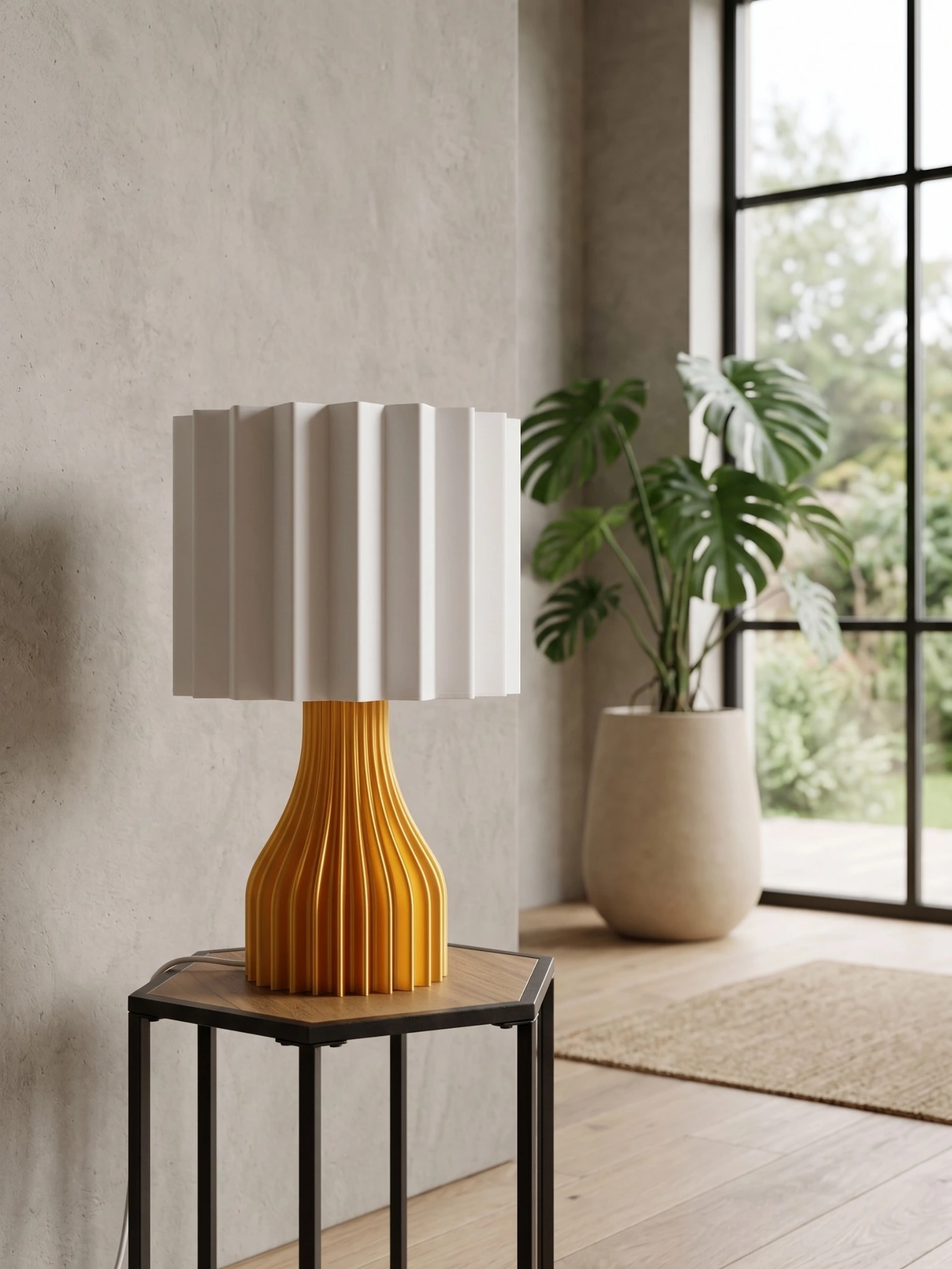 Vlore by a window with sculptural gold base