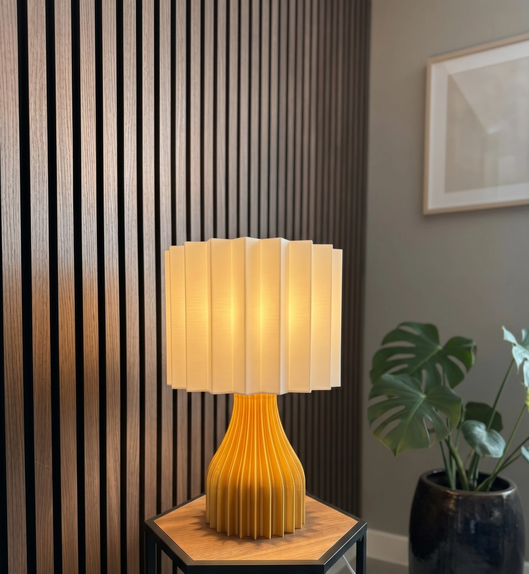 Vlore illuminated against a slatted wood wall